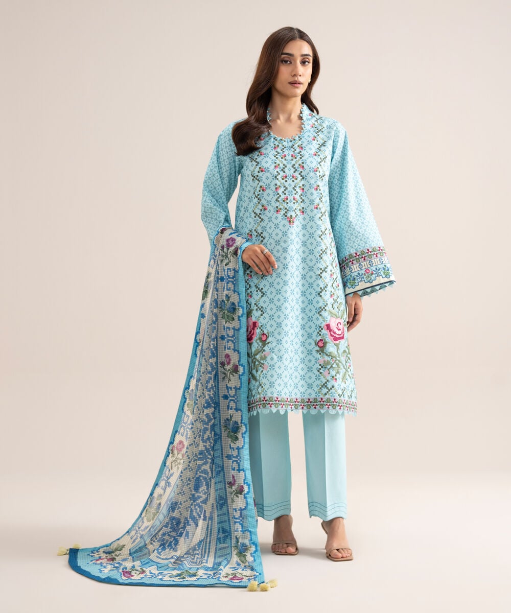 3 Piece - Embroidered Zari Cotton Suit โ Sapphire view 3