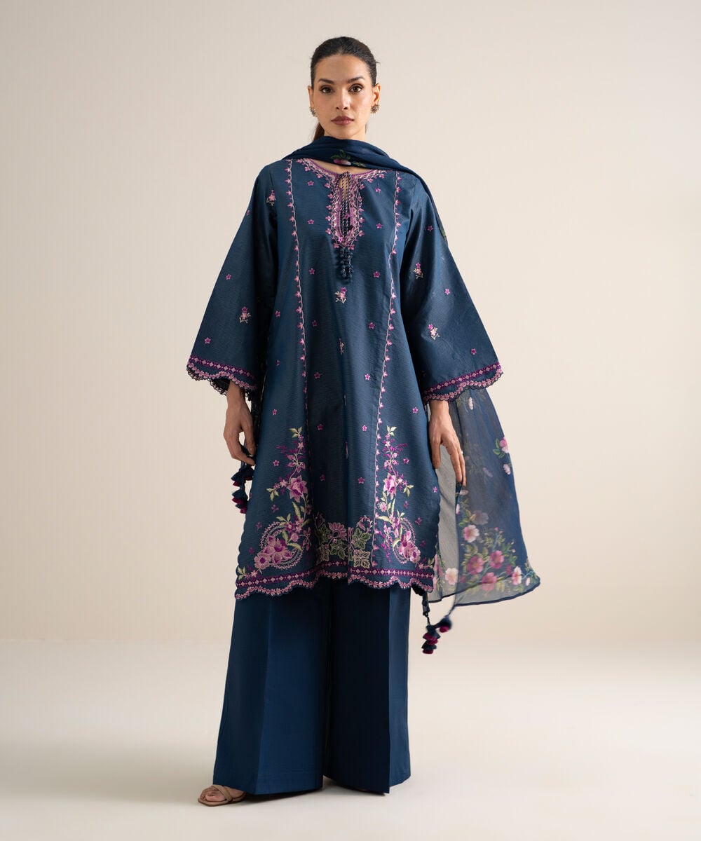 3 Piece - Embroidered Zari Lawn Suit — Sapphire