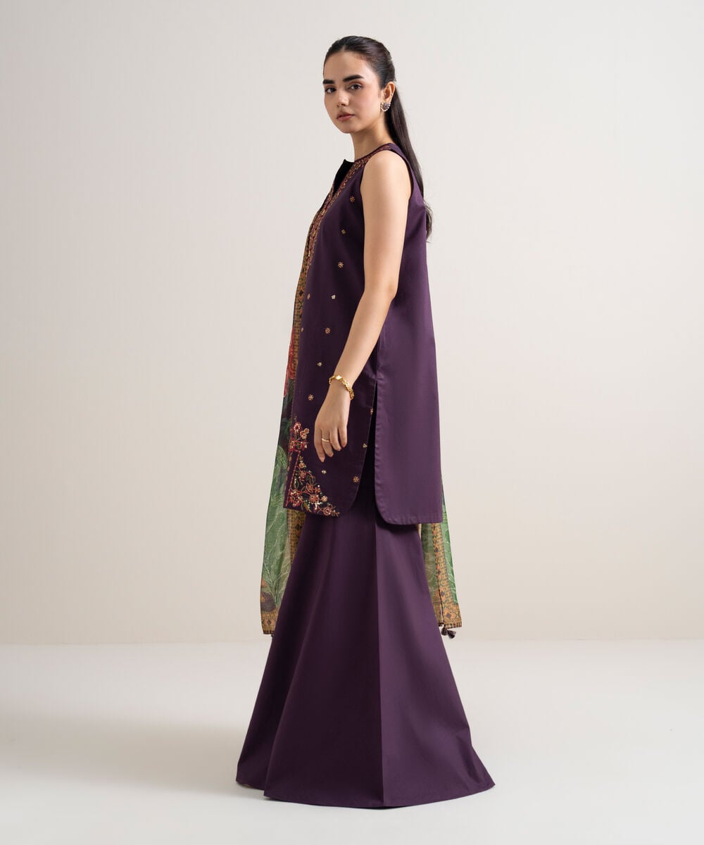 3 Piece - Embroidered Cotton Satin Suit — Sapphire view 3