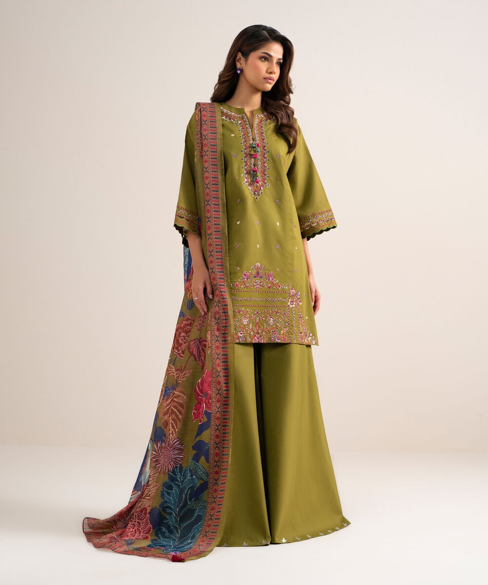 3 Piece - Embroidered Cotton Satin Suit — Sapphire view 3