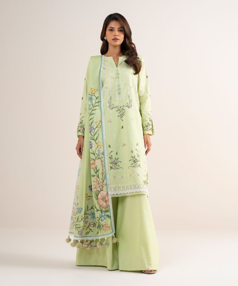 3 Piece - Embroidered Cotton Satin Suit — Sapphire
