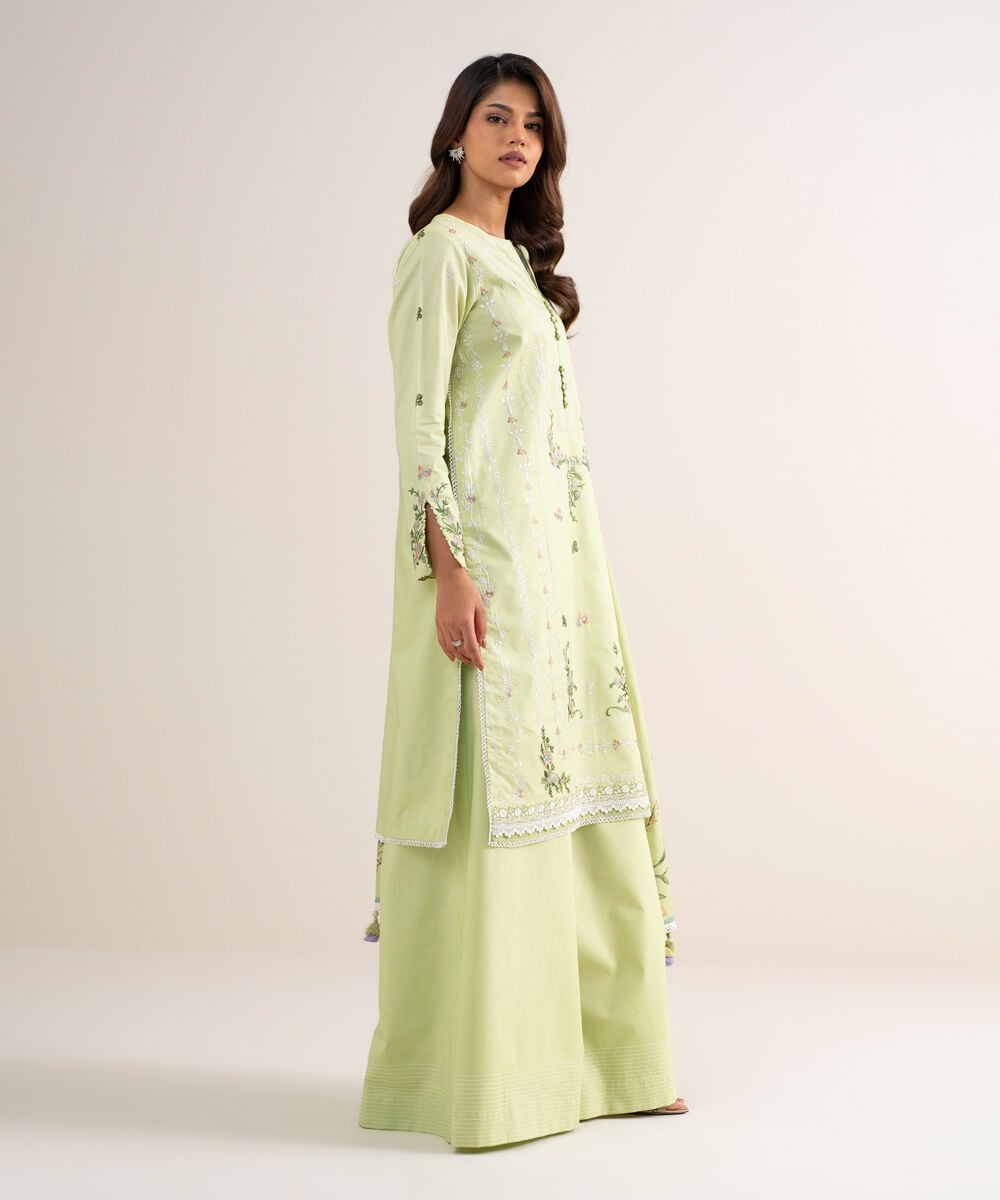 3 Piece - Embroidered Cotton Satin Suit — Sapphire view 3