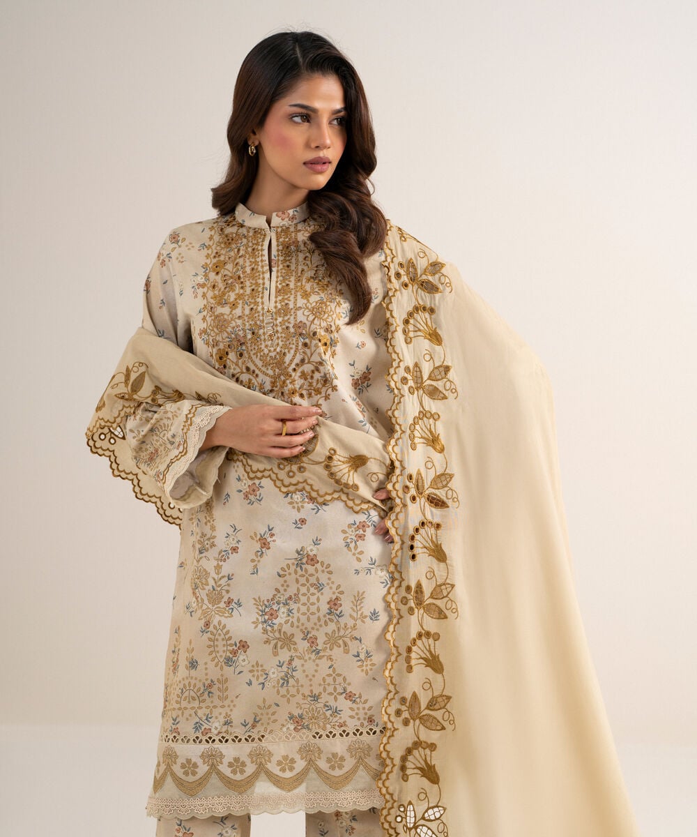 3 Piece - Embroidered Cotton Satin Suit — Sapphire view 3