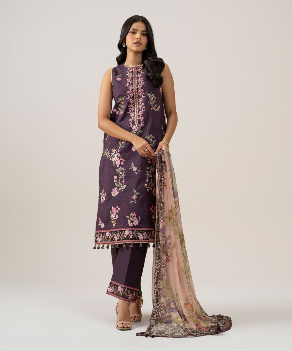 3 Piece - Embroidered Cotton Suit — Sapphire