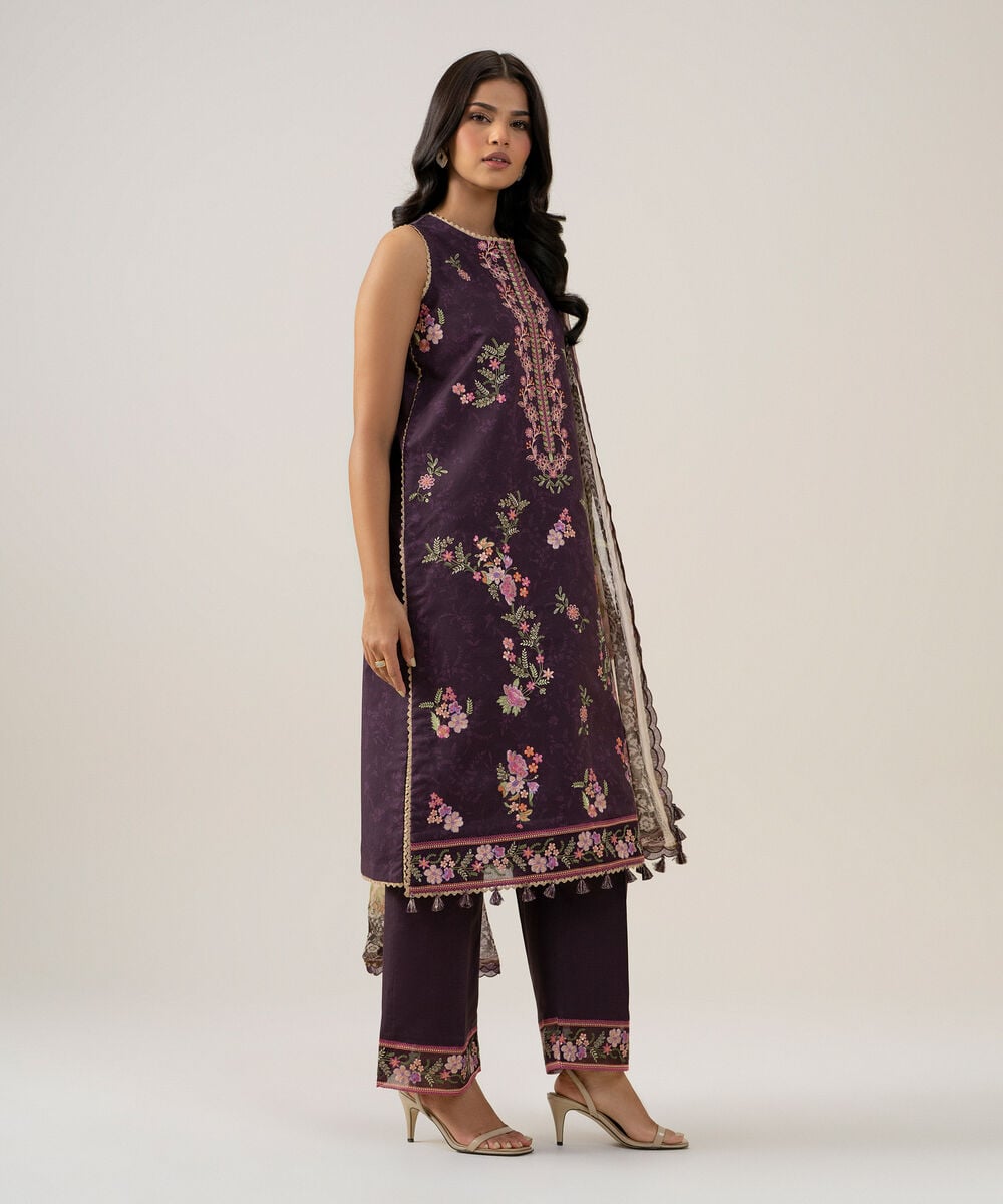 3 Piece - Embroidered Cotton Suit — Sapphire view 3
