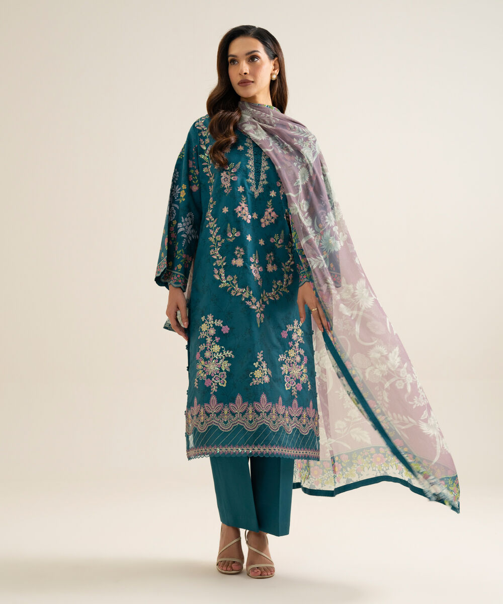3 Piece - Embroidered Cotton Suit — Sapphire