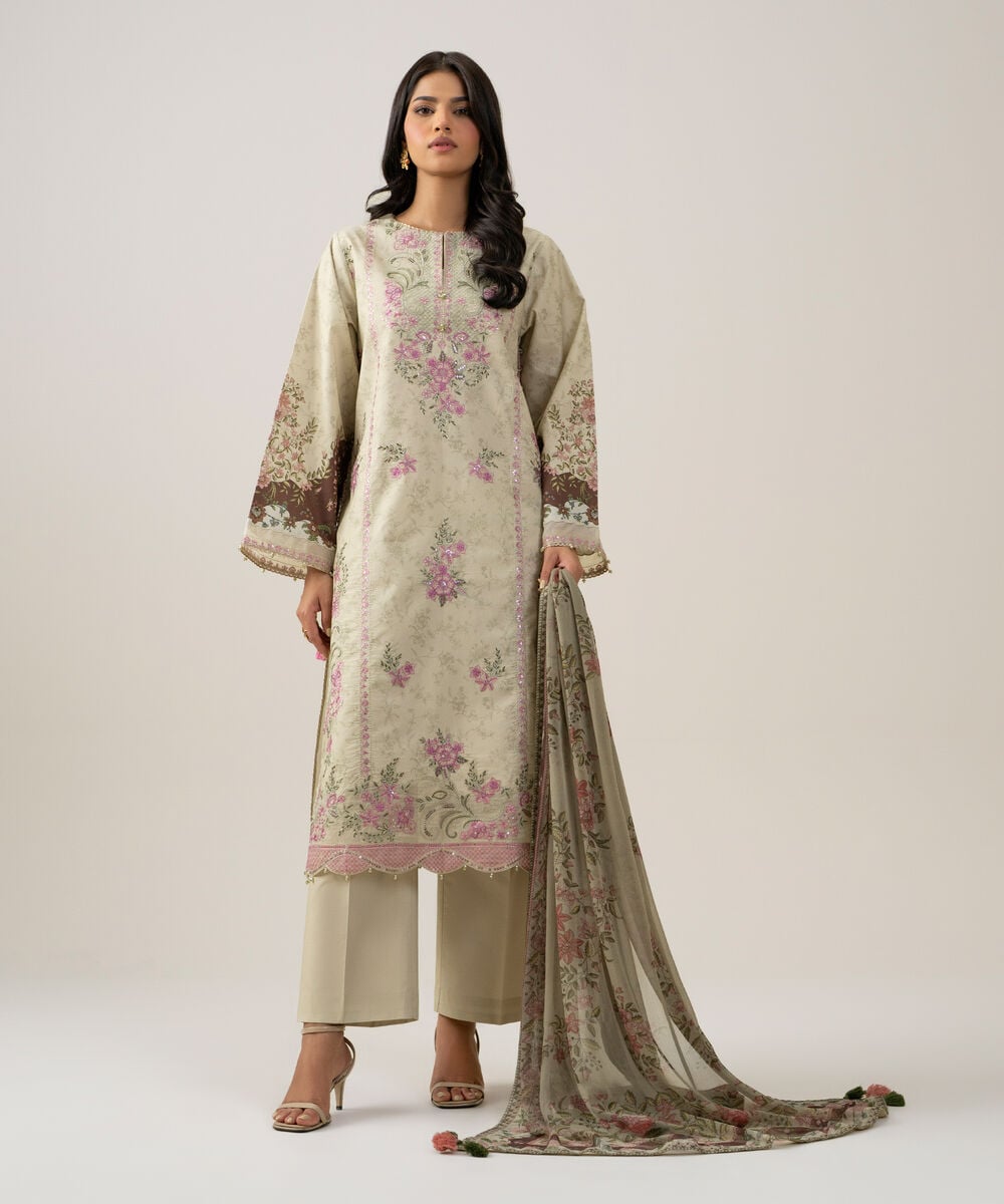 3 Piece - Embroidered Cotton Suit — Sapphire