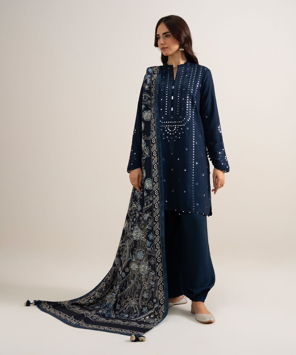 3 Piece - Embroidered Linen Suit — Sapphire