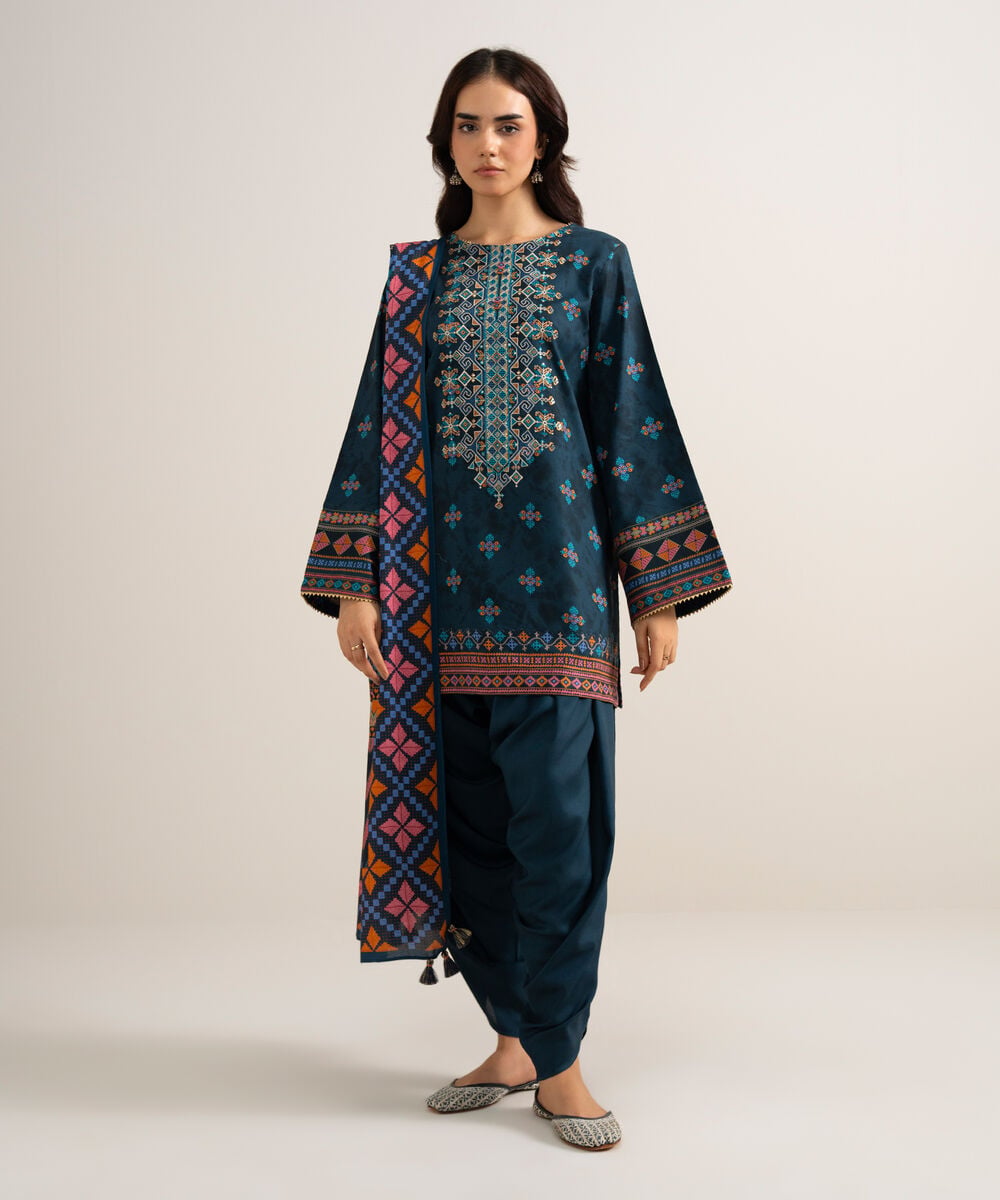 3 Piece - Embroidered Linen Suit — Sapphire