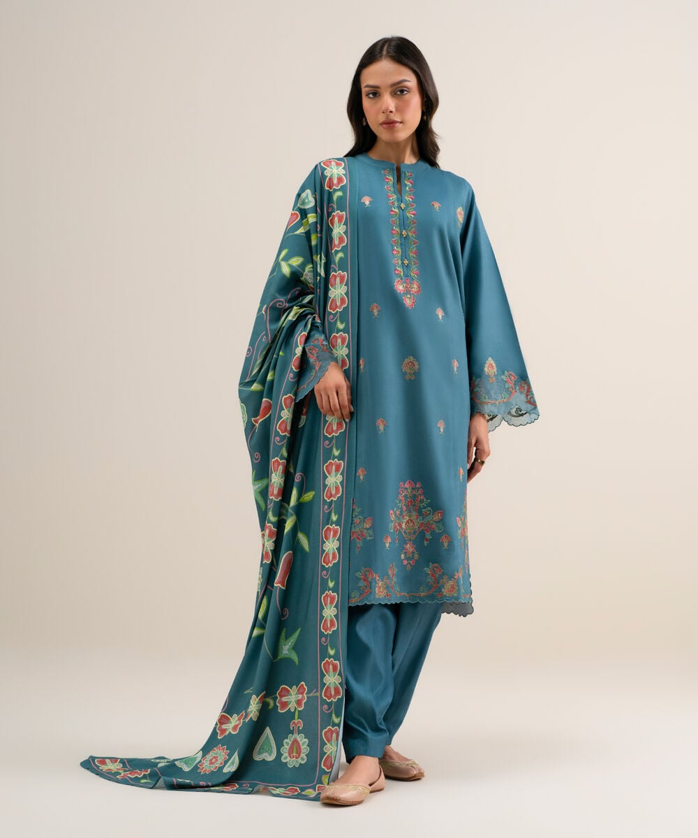 3 Piece - Embroidered Linen Suit — Sapphire