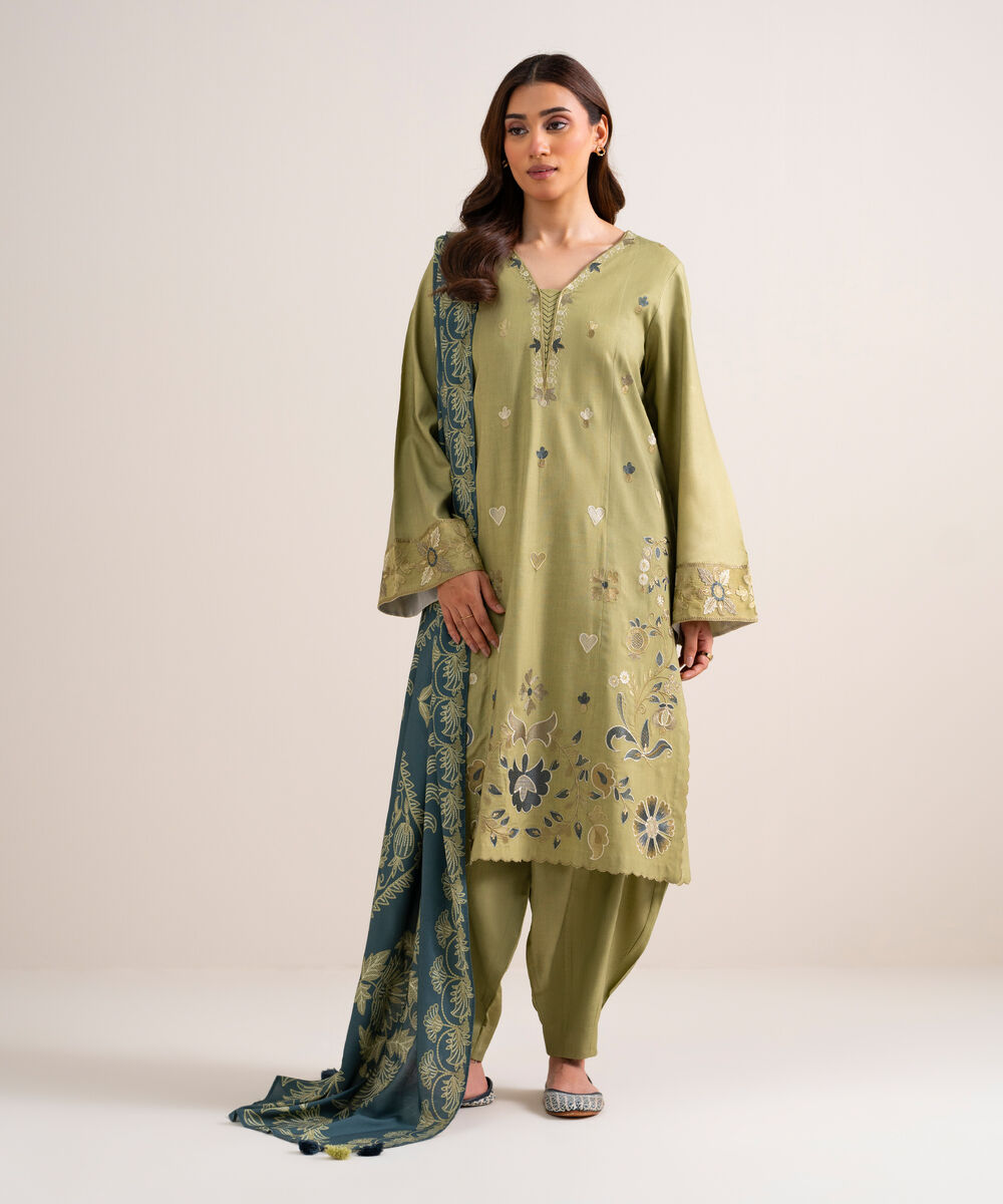 3 Piece - Embroidered Linen Suit — Sapphire