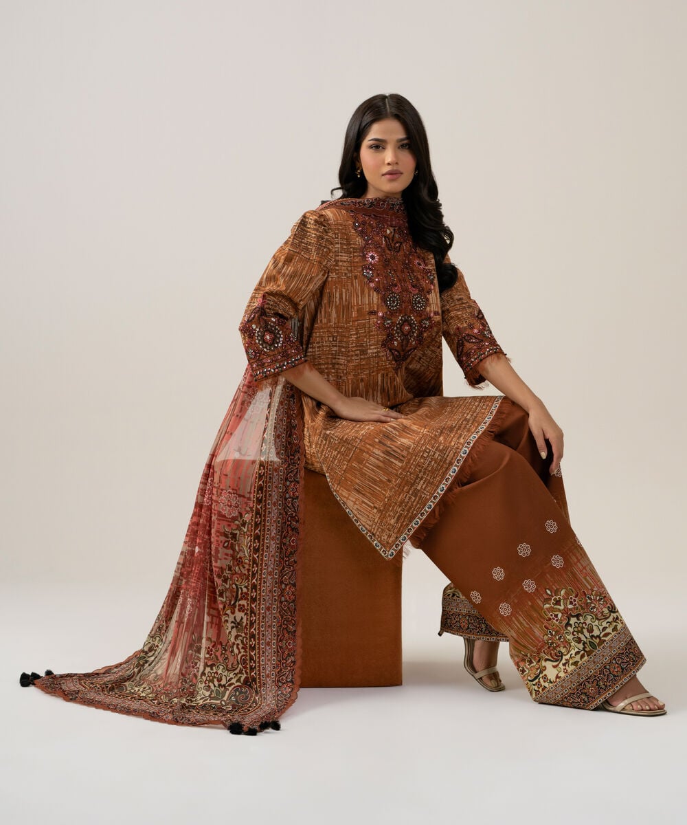 3 Piece - Embroidered Cotton Suit — Sapphire