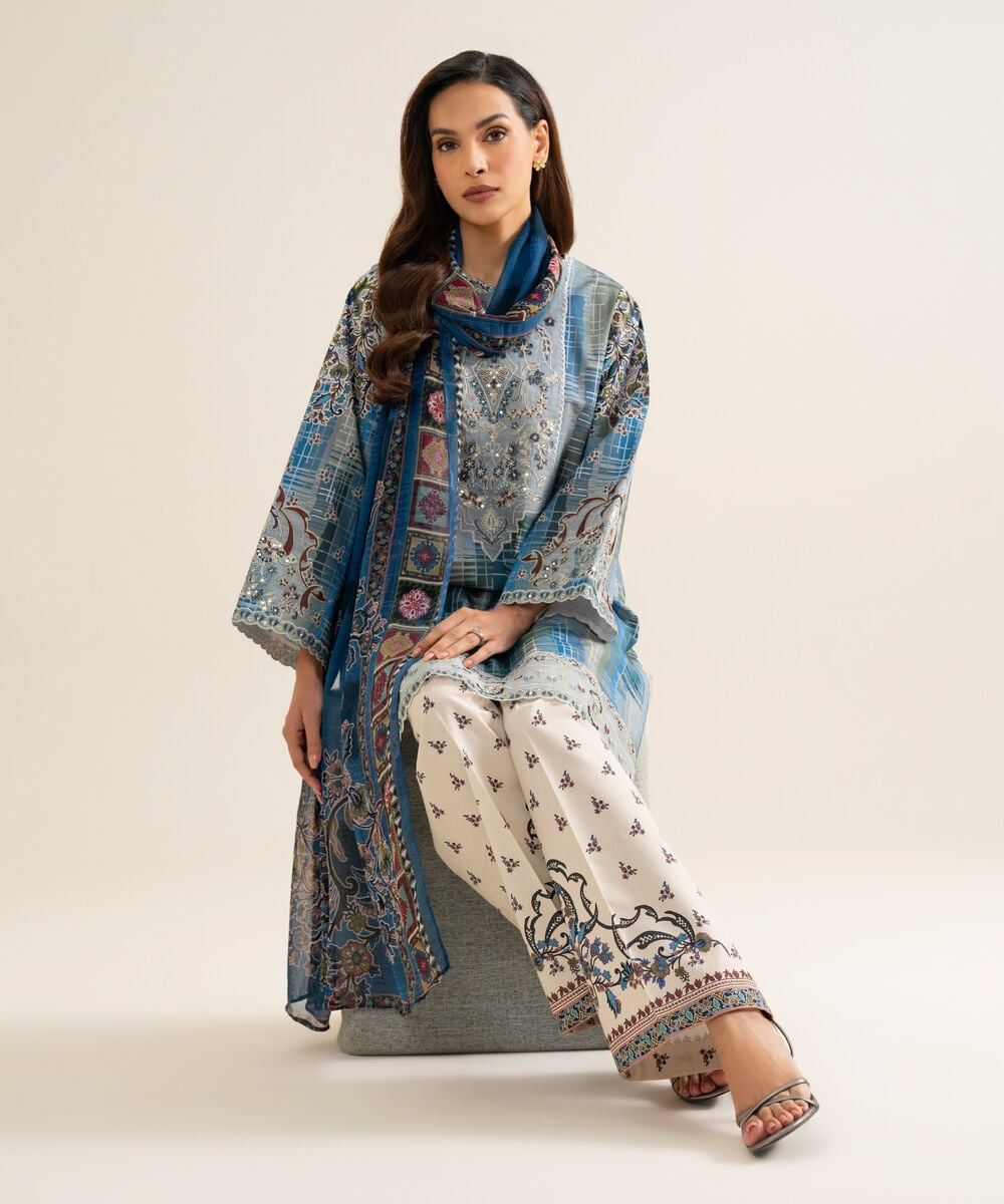 3 Piece - Embroidered Cotton Suit — Sapphire