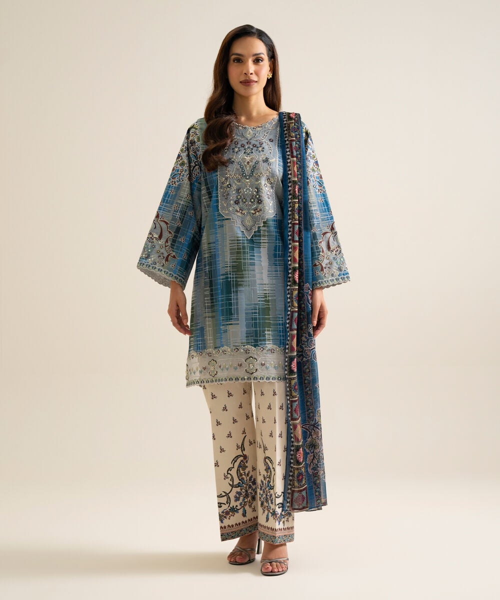 3 Piece - Embroidered Cotton Suit — Sapphire view 3