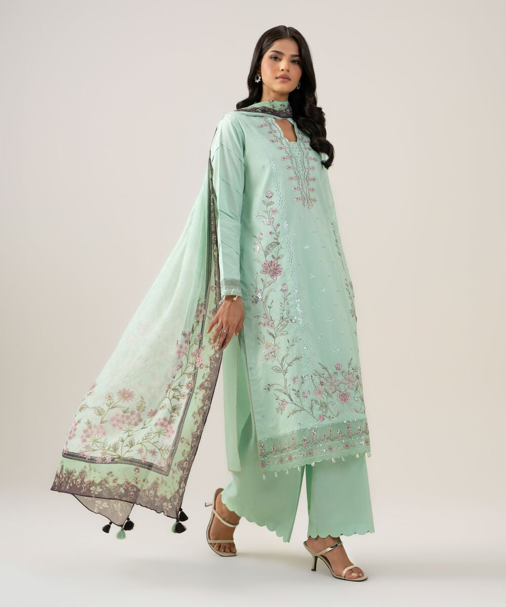 3 Piece - Embroidered Cotton Suit — Sapphire