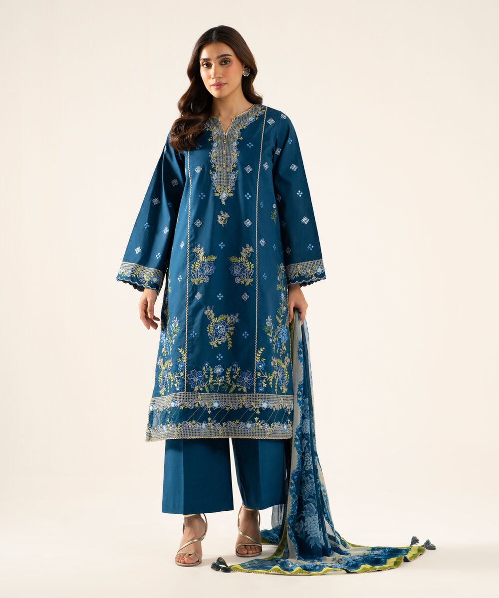 3 Piece - Embroidered Cotton Suit — Sapphire
