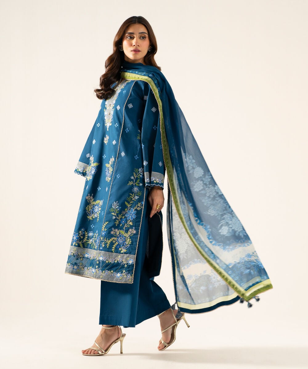 3 Piece - Embroidered Cotton Suit — Sapphire view 3