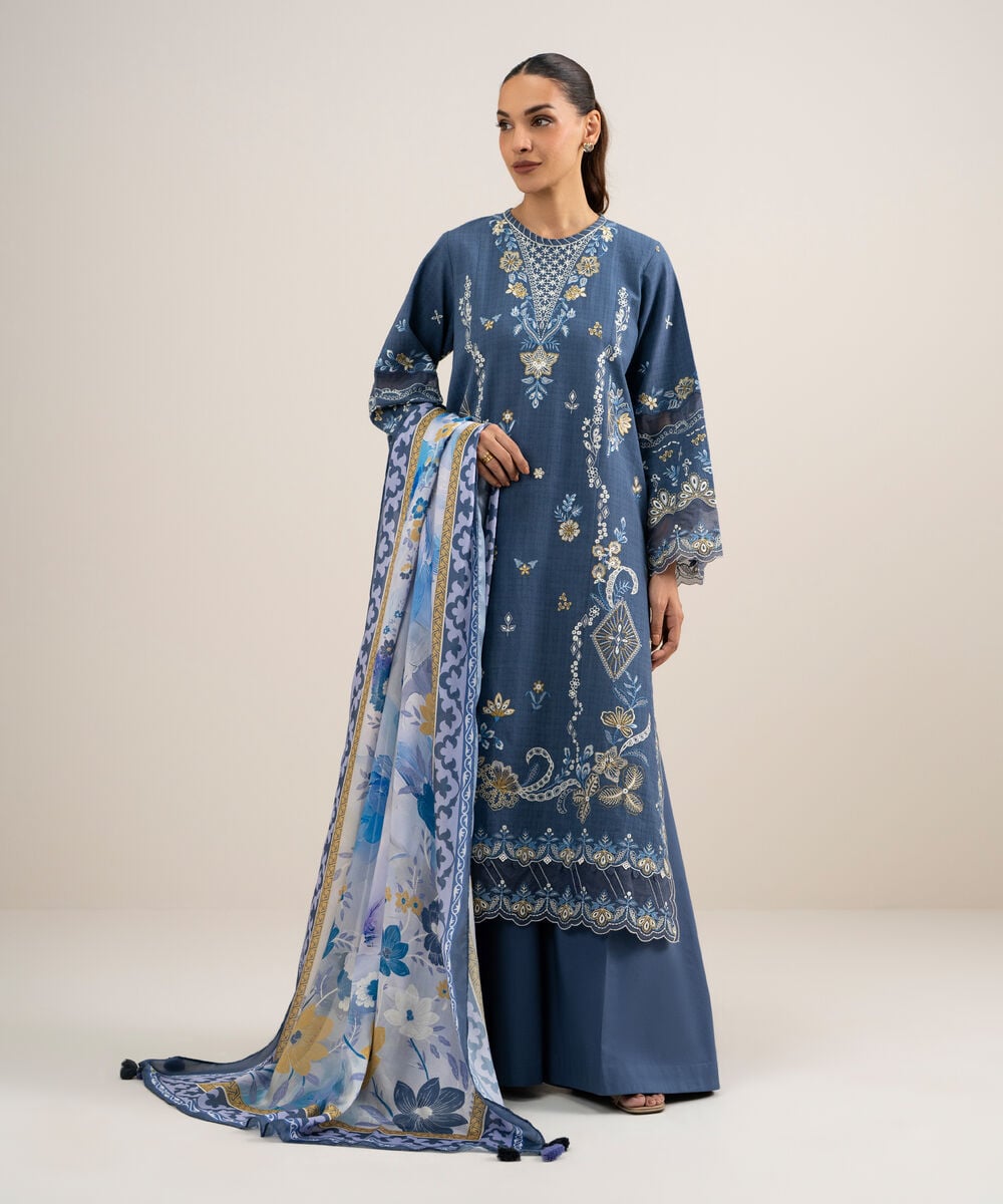 3 Piece - Embroidered Dobby Suit — Sapphire