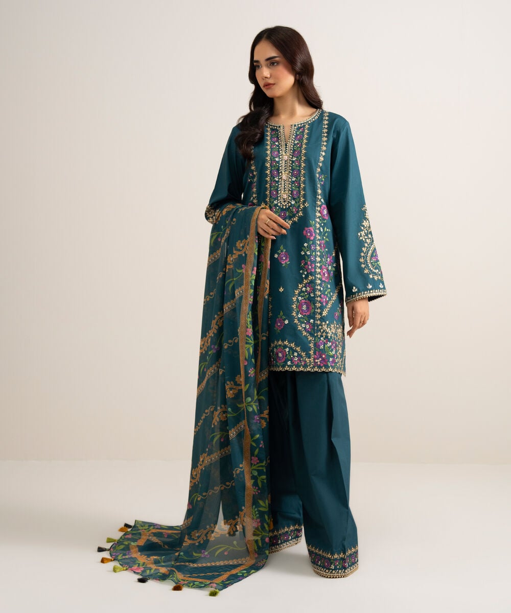 3 Piece - Embroidered Cotton Viscose Suit — Sapphire