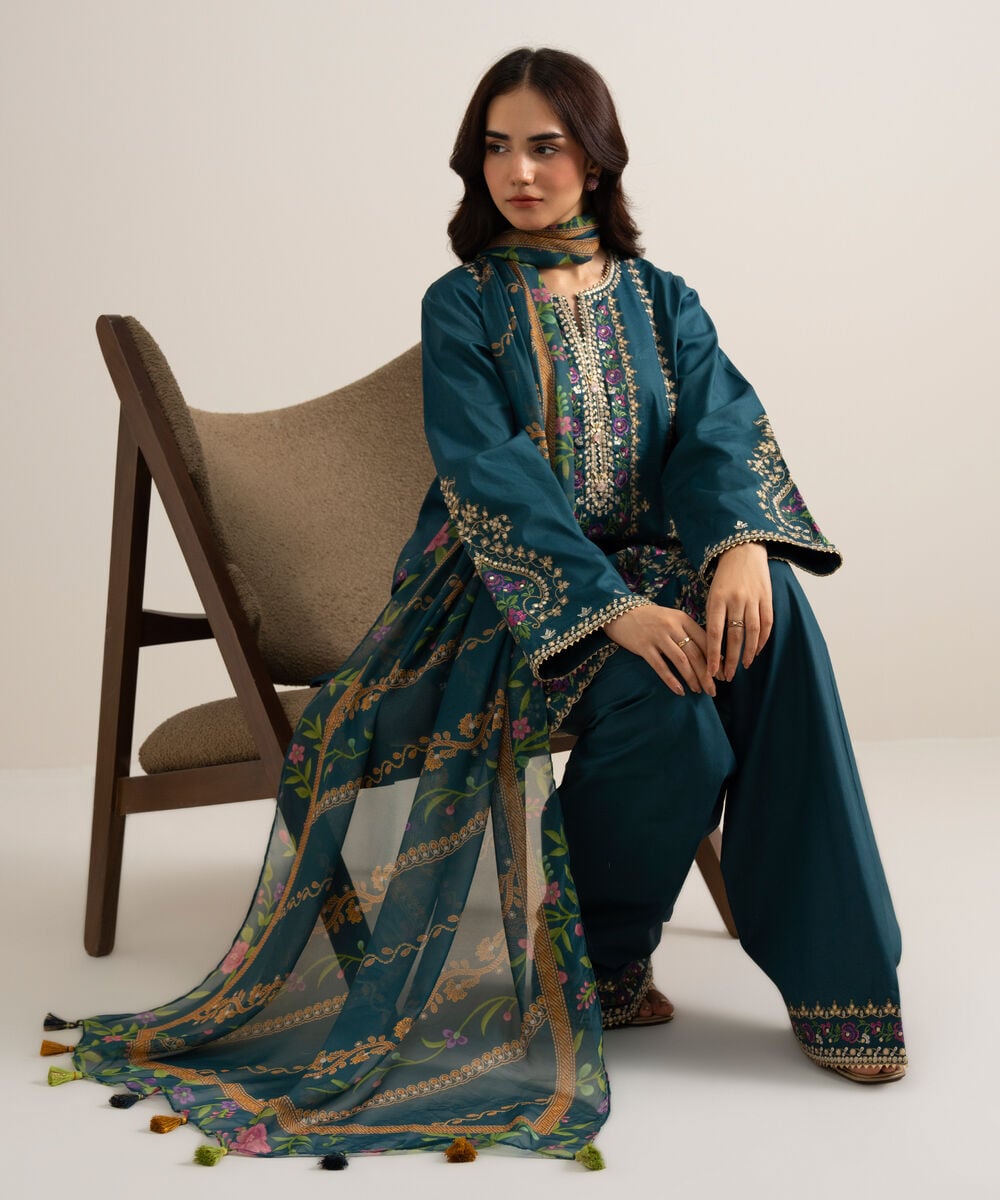 3 Piece - Embroidered Cotton Viscose Suit โ Sapphire view 3