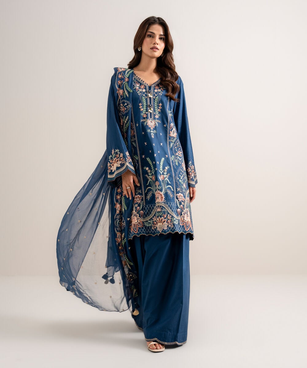 3 Piece - Embroidered Cotton Viscose Suit — Sapphire