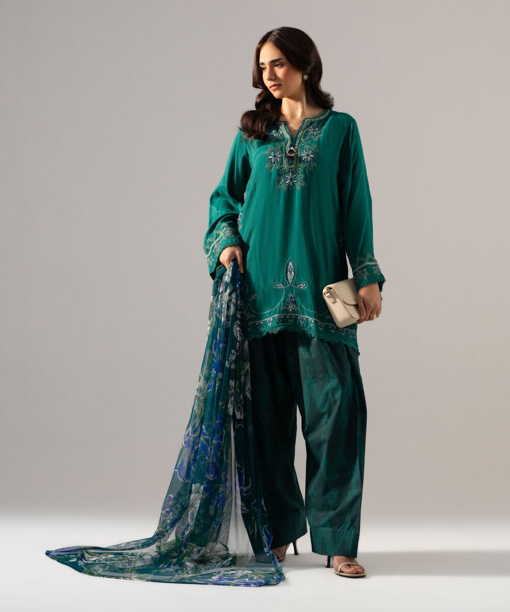 2 Piece - Embroidered Raw Silk Suit — Sapphire