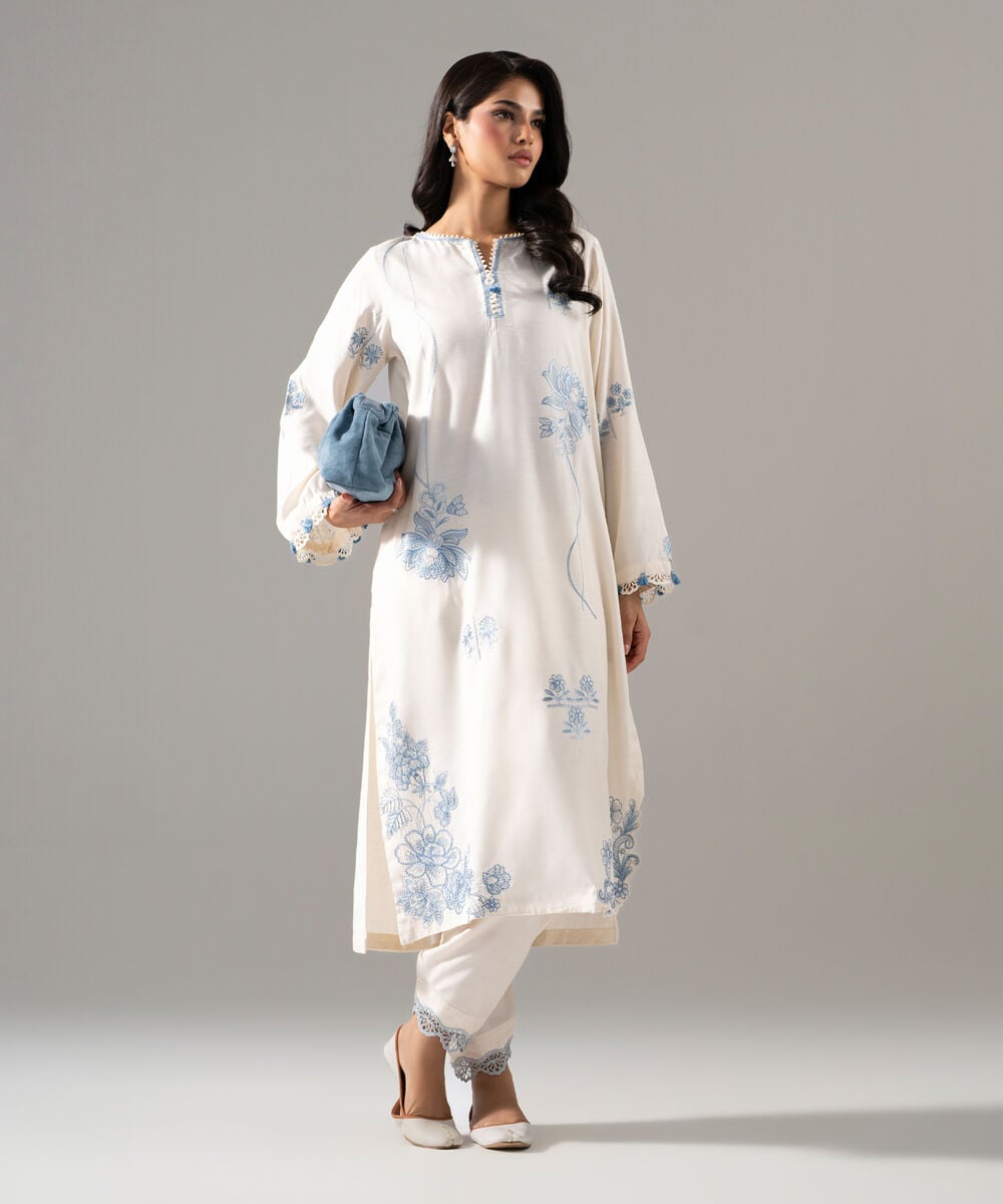 2 Piece - Embroidered Raw Silk Suit — Sapphire