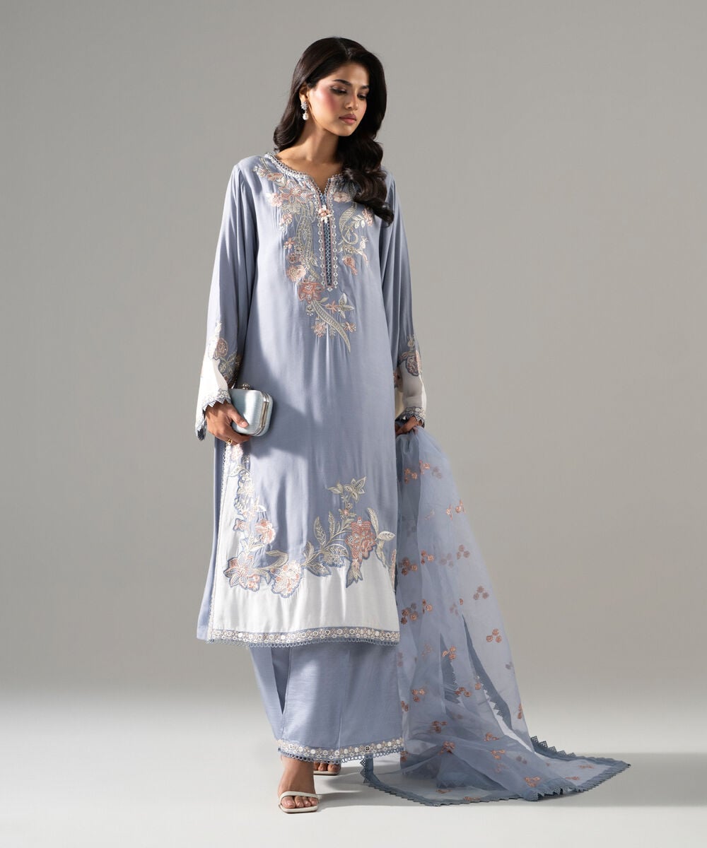 3 Piece - Embroidered Raw Silk Suit — Sapphire