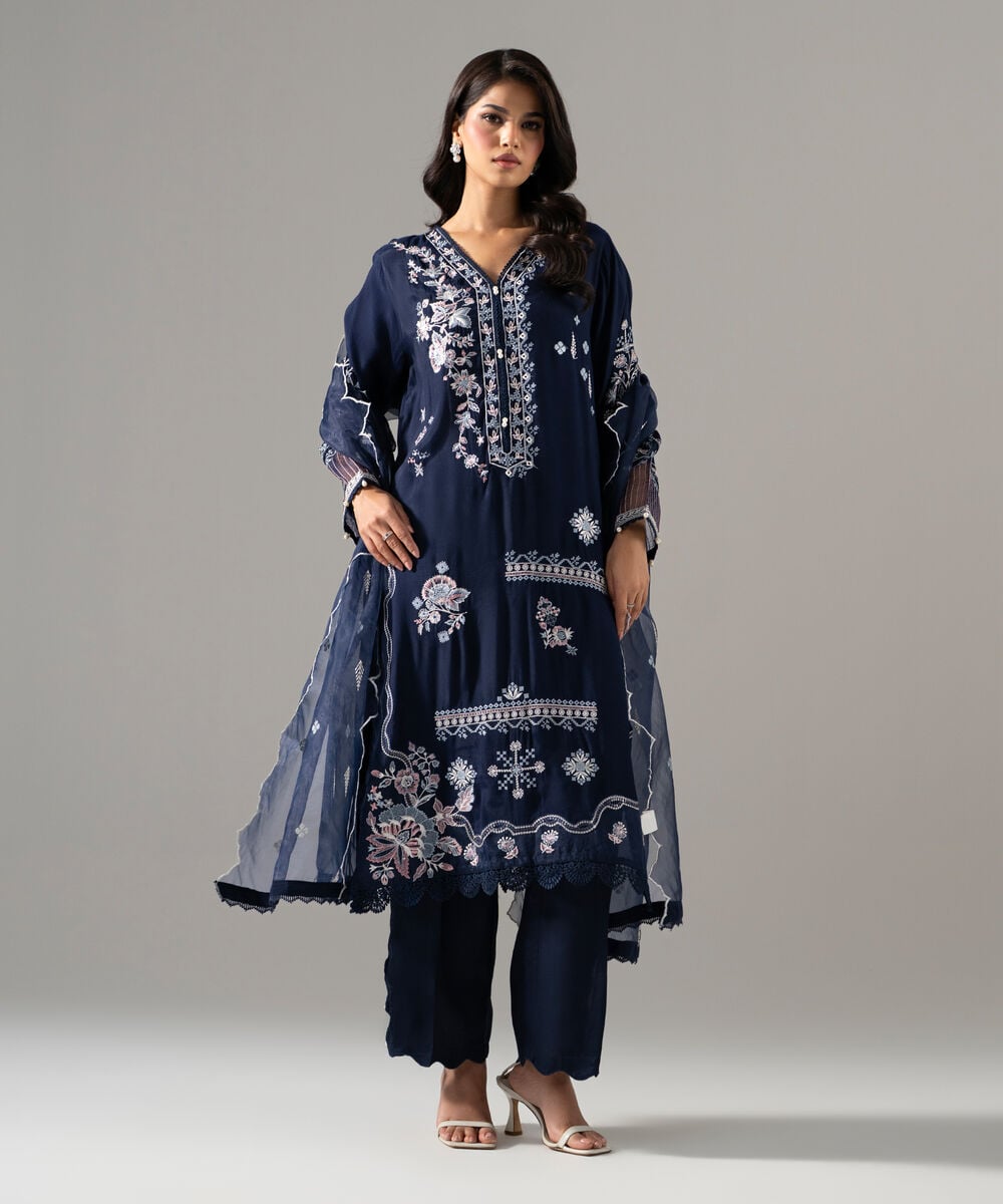 3 Piece - Embroidered Raw Silk Suit — Sapphire
