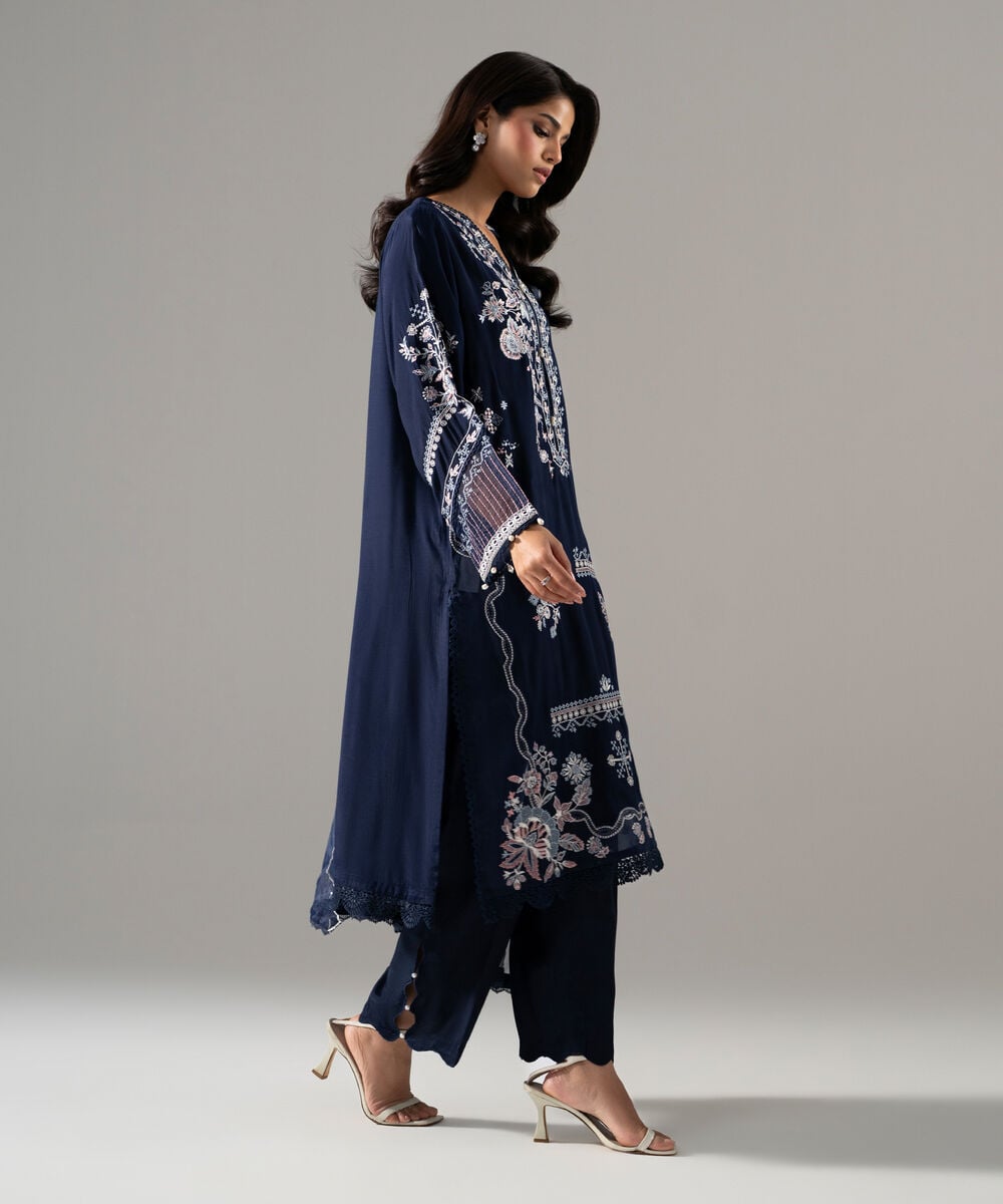 3 Piece - Embroidered Raw Silk Suit โ Sapphire view 3