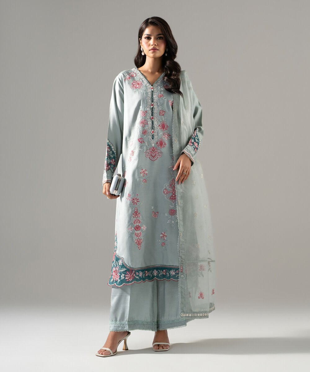 3 Piece - Embroidered Raw Silk Suit — Sapphire