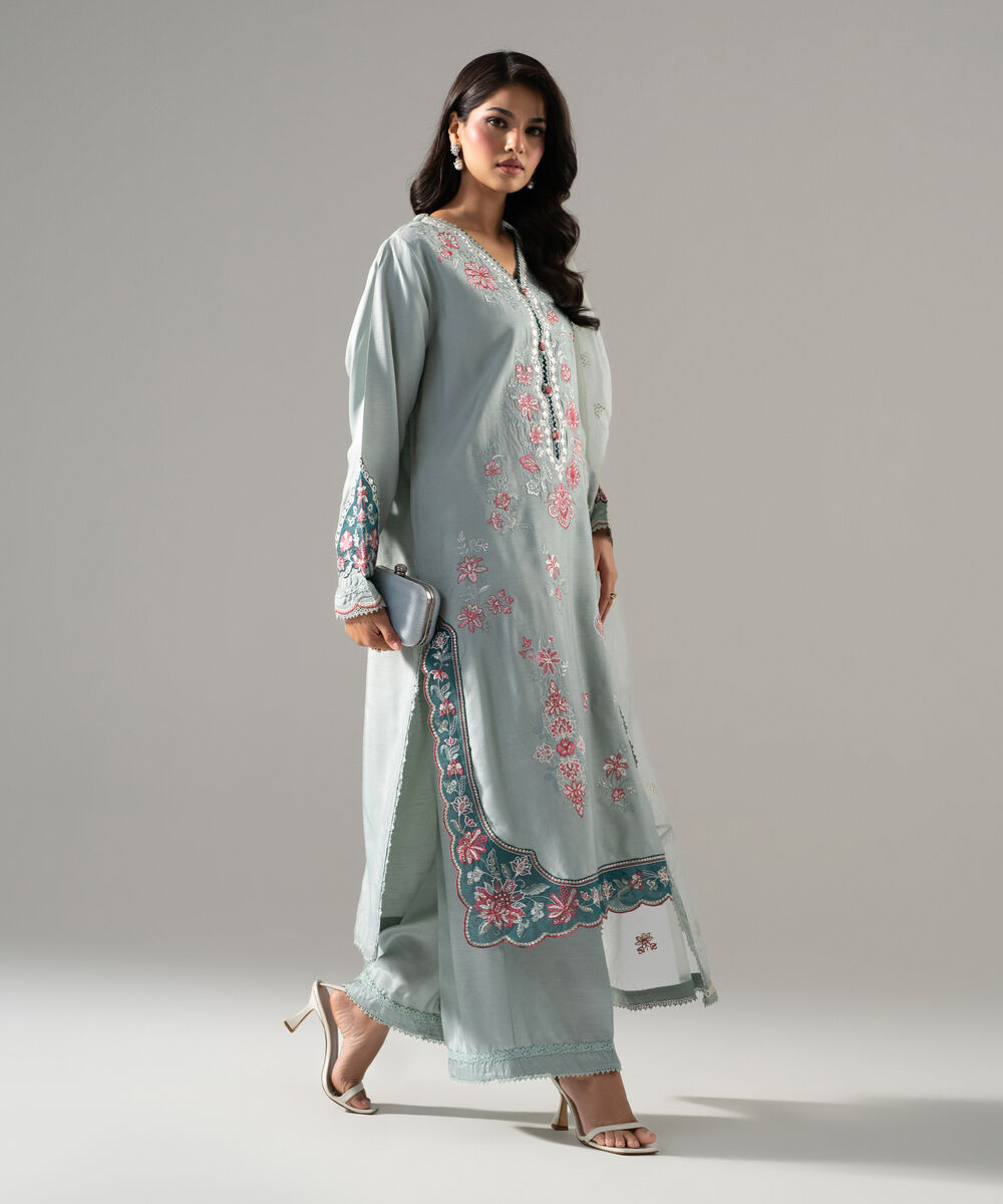 3 Piece - Embroidered Raw Silk Suit โ Sapphire view 3