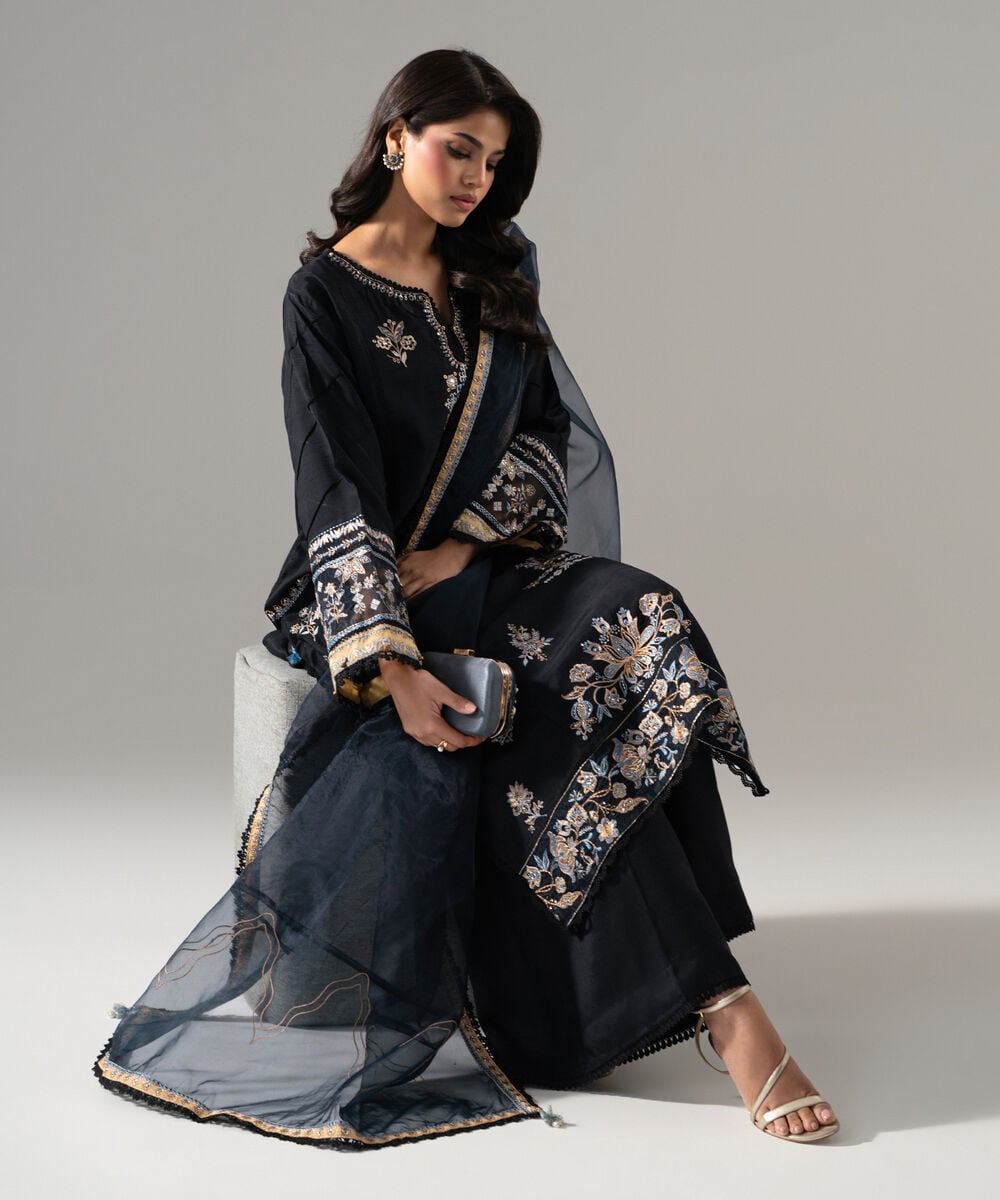 3 Piece - Embroidered Raw Silk Suit — Sapphire