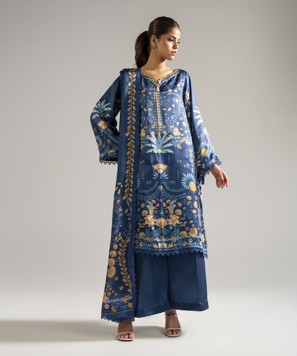 3 Piece - Printed Satin Suit — Sapphire