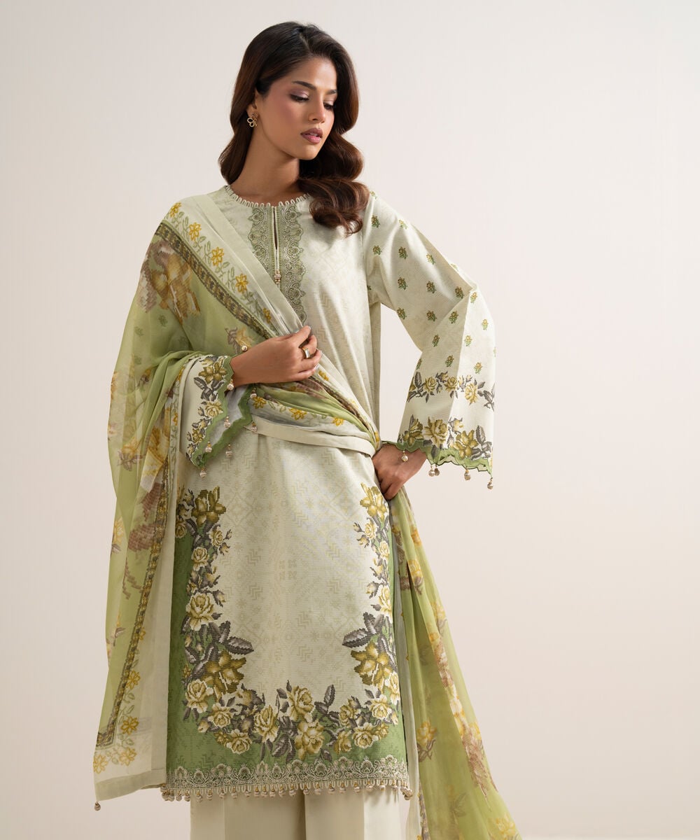 3 Piece - Embroidered Zari Cotton Suit — Sapphire