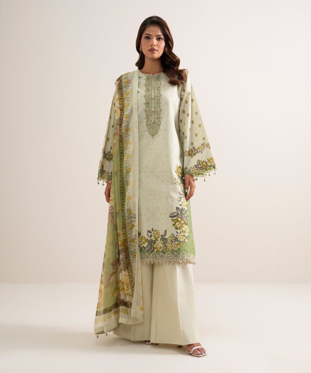 3 Piece - Embroidered Zari Cotton Suit โ Sapphire view 3