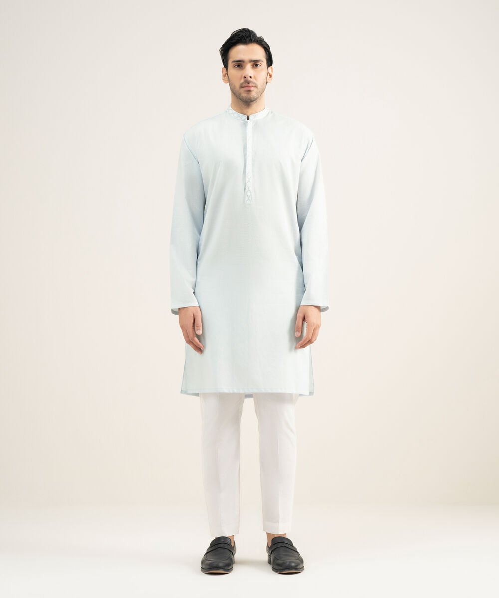 Embroidered Cotton Dobby Kurta — Sapphire view 3