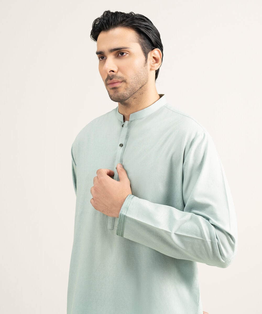 Embroidered Cotton Jacquard Kurta — Sapphire