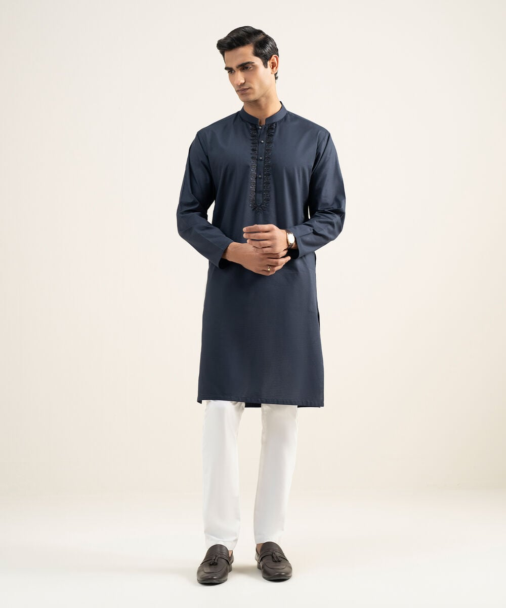 Embroidered Cotton Jacquard Kurta โ Sapphire view 3
