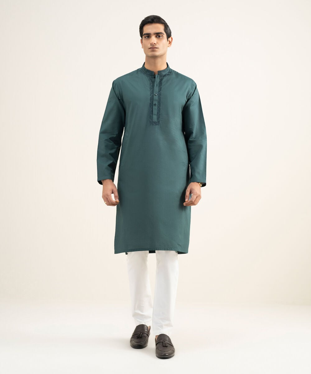 Embroidered Cotton Jacquard Kurta โ Sapphire view 3