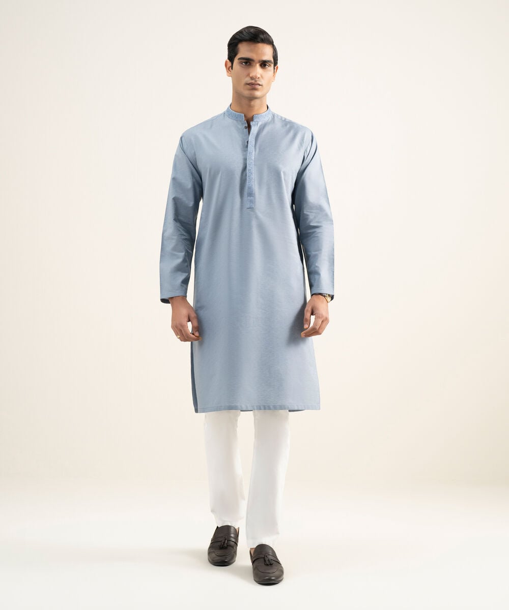Embroidered Cotton Jacquard Kurta — Sapphire view 3