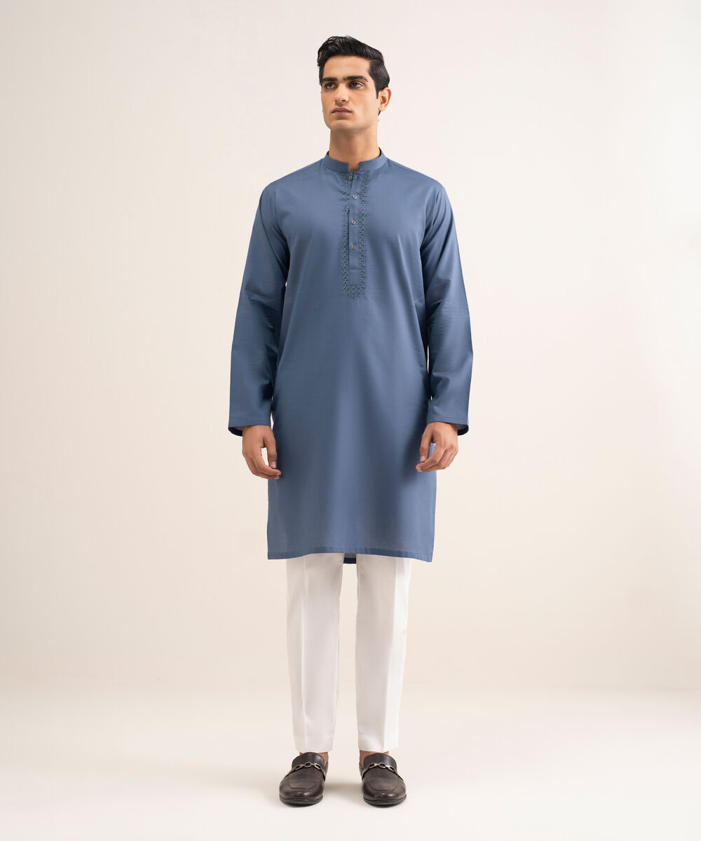 Embroidered Cotton Jacquard Kurta — Sapphire