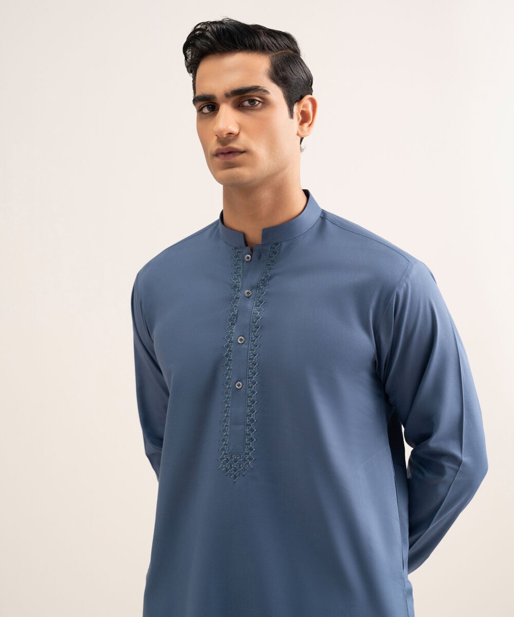 Embroidered Cotton Jacquard Kurta — Sapphire view 3