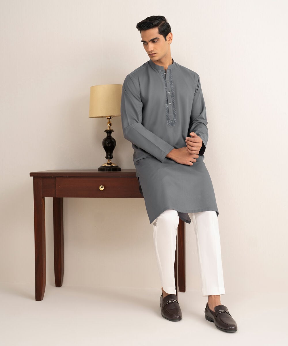 Embroidered Cotton Jacquard Kurta — Sapphire