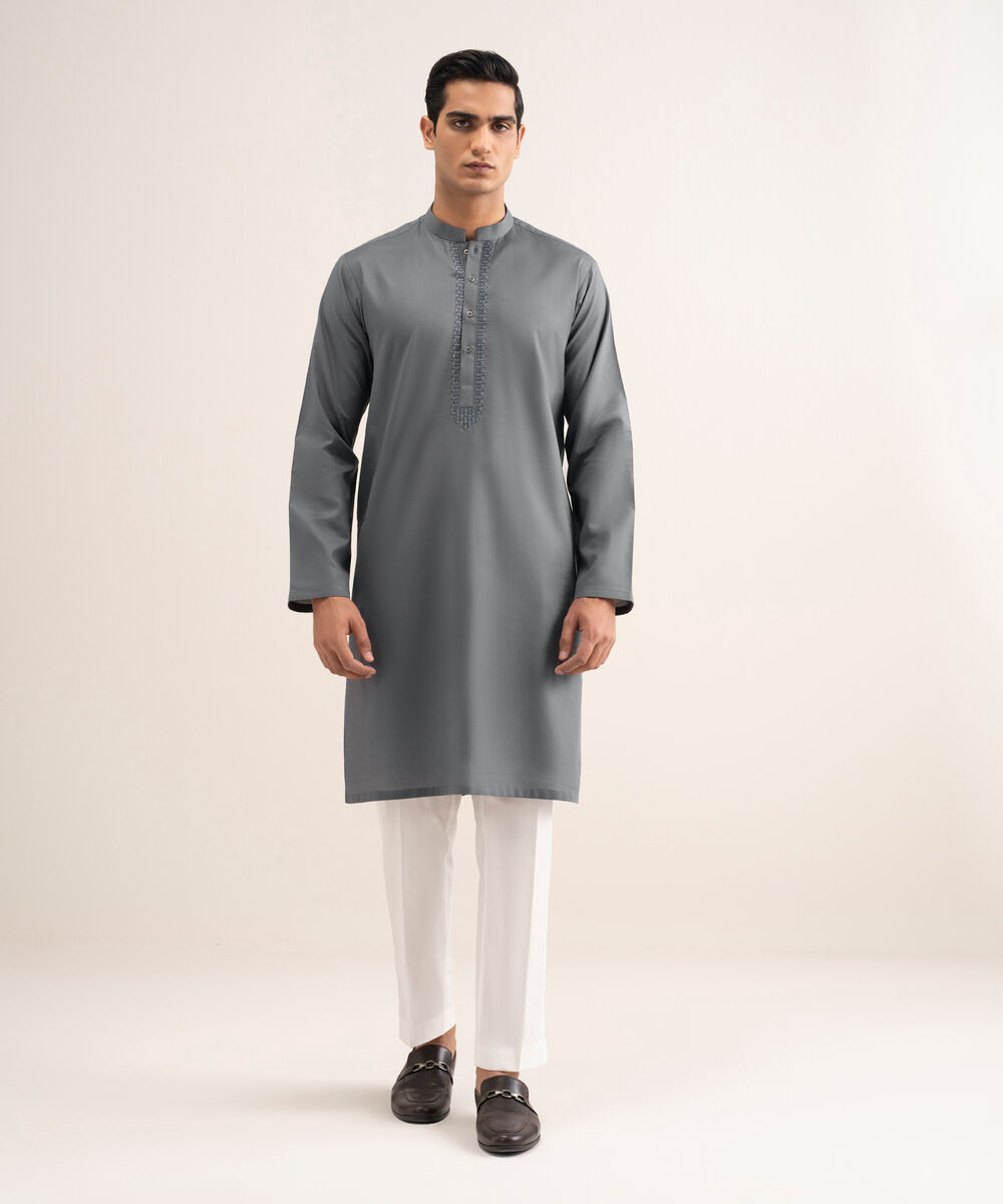 Embroidered Cotton Jacquard Kurta — Sapphire view 3