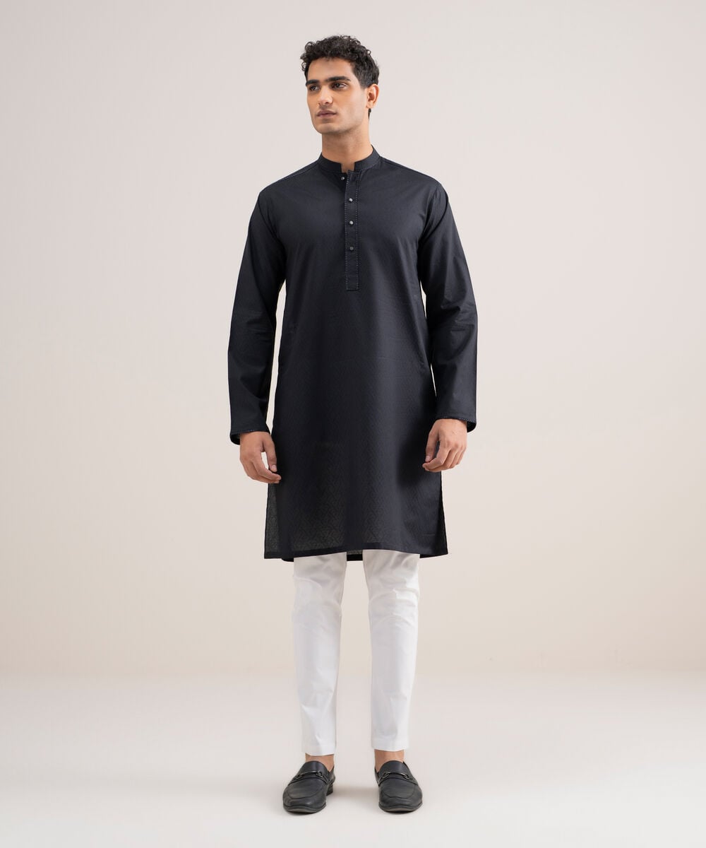 Embroidered Cotton Jacquard Kurta โ Sapphire view 3