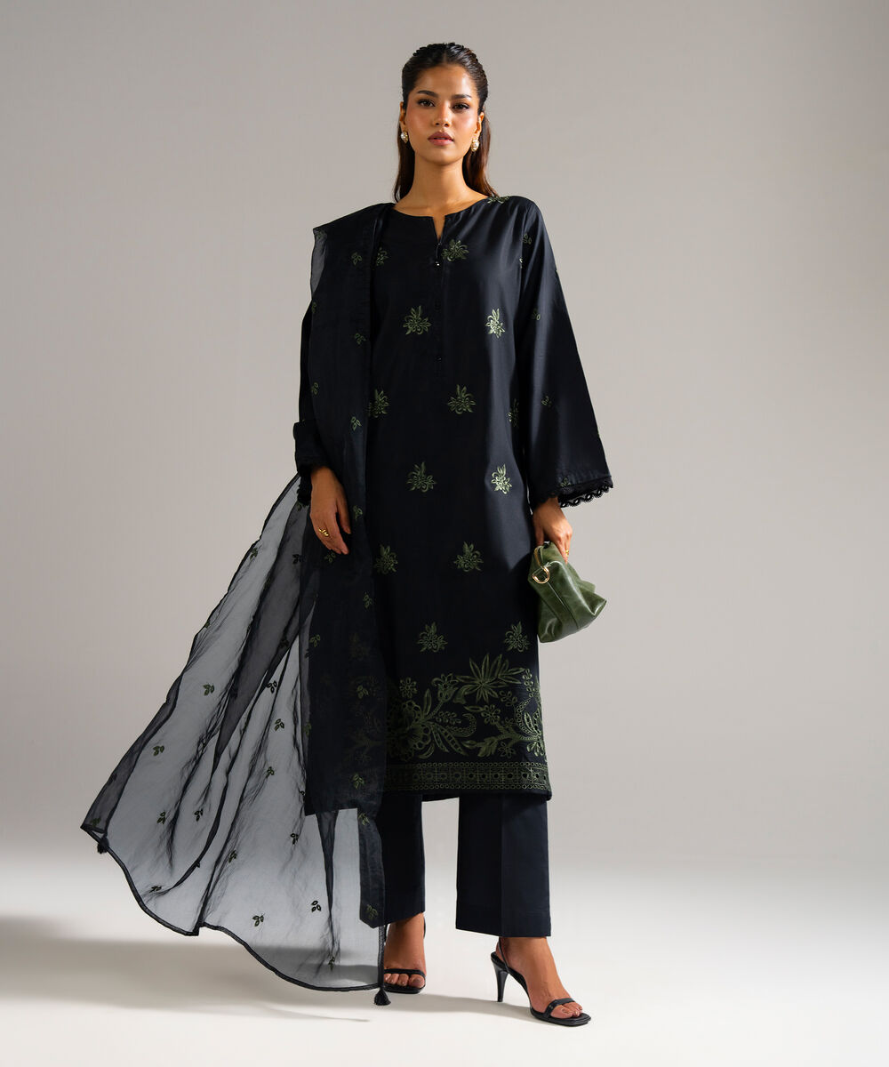 3 Piece - Embroidered Cotton Satin Suit — Sapphire