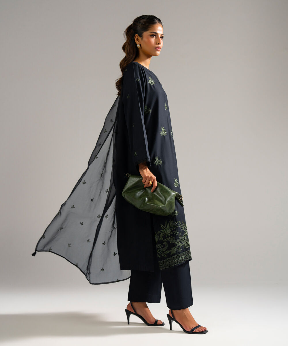 3 Piece - Embroidered Cotton Satin Suit — Sapphire view 3