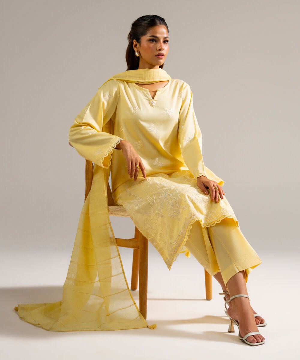 3 Piece - Embroidered Cotton Satin Suit — Sapphire