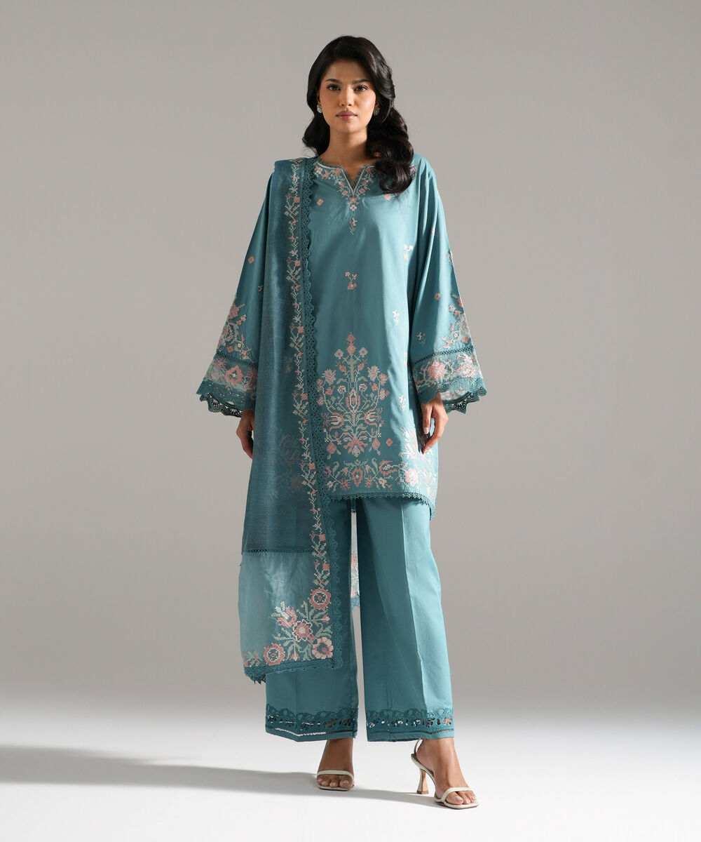 Embroidered Khaddi Net Dupatta — Sapphire